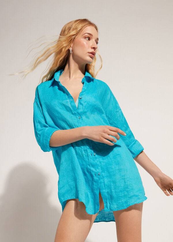 Calzedonia Linen Shirt Donna Cover Ups Verde Acqua Verdi | IT2094JJ