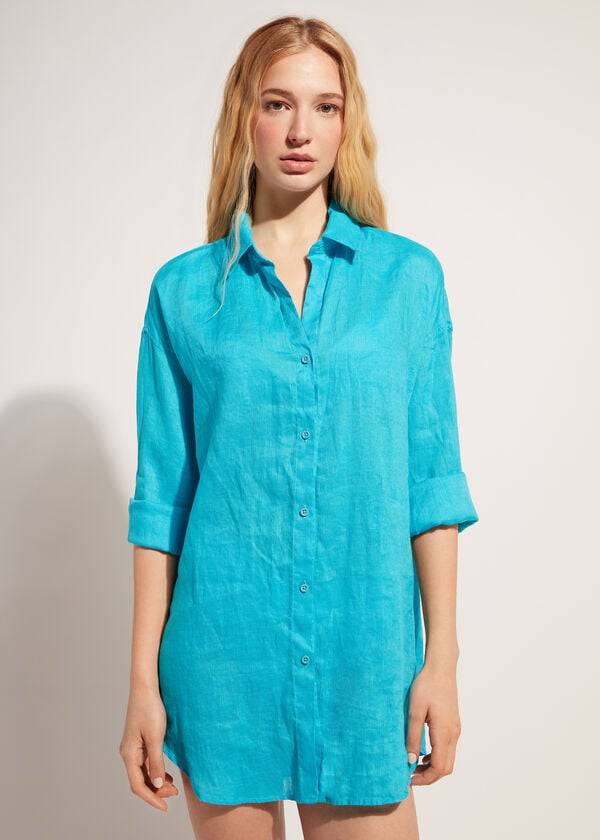 Calzedonia Linen Shirt Donna Cover Ups Verde Acqua Verdi | IT2094JJ