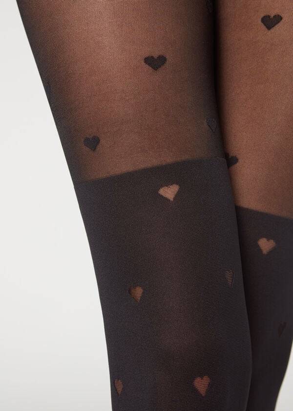 Calzedonia Longuette-Effect Mini Heart-Motif Patterned Donna Collant Nere | IT1111CE