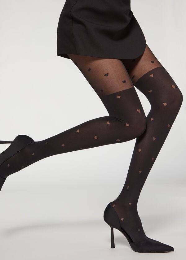 Calzedonia Longuette-Effect Mini Heart-Motif Patterned Donna Collant Nere | IT1111CE