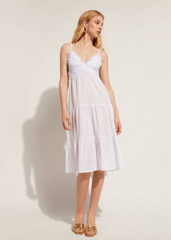 Calzedonia Midi Vestito in Macramé Pizzo and Ruffled Skirt Donna Cover Ups Bianche | IT2104QZ