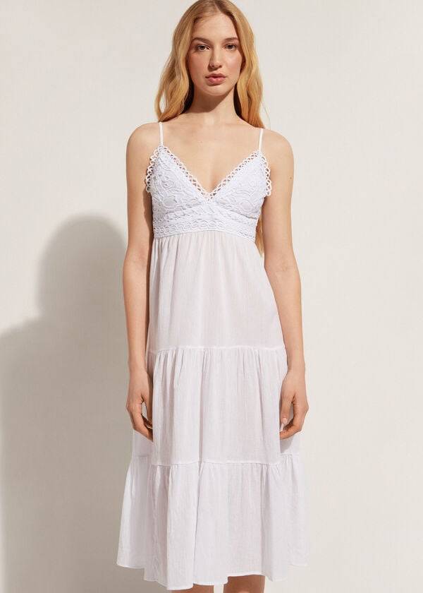 Calzedonia Midi Vestito in Macramé Pizzo and Ruffled Skirt Donna Cover Ups Bianche | IT2104QZ