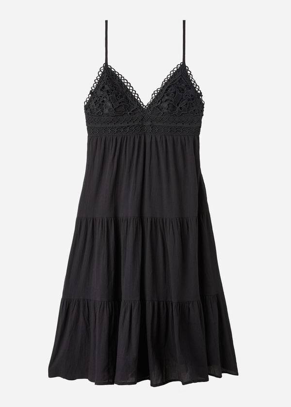 Calzedonia Midi Vestito in Macramé Pizzo and Ruffled Skirt Donna Cover Ups Nere | IT2105WY