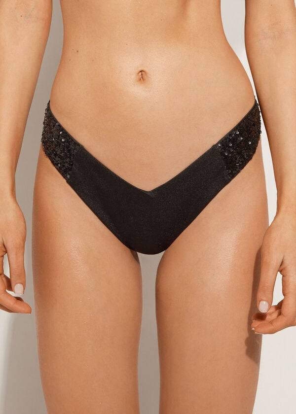 Calzedonia Sequined High-Cut Brazilian Cannes Cheeky Donna Slip Bikini Nere | IT1545FM