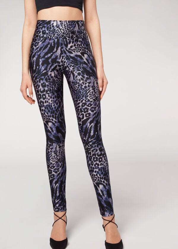 Calzedonia Shiny Animal-Print Ginnastica Donna Leggings Blu Grigie | IT2680EX