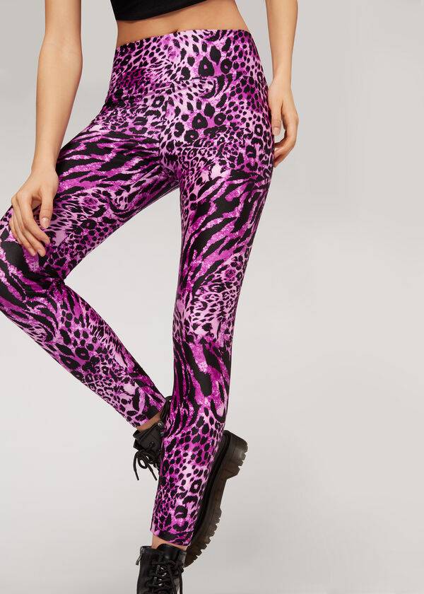 Calzedonia Shiny Animal-Print Ginnastica Donna Leggings Rosa | IT2682QZ