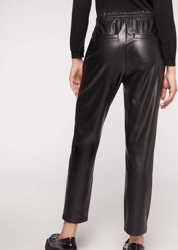 Calzedonia Thermal Coated Effect with Chain Trim Donna Pantaloni Nere | IT2742SO