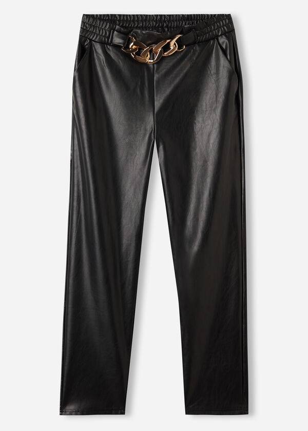 Calzedonia Thermal Coated Effect with Chain Trim Donna Pantaloni Nere | IT2742SO