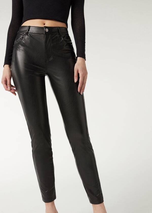 Calzedonia Thermal leather-effect Donna Leggings Nere | IT2701OR