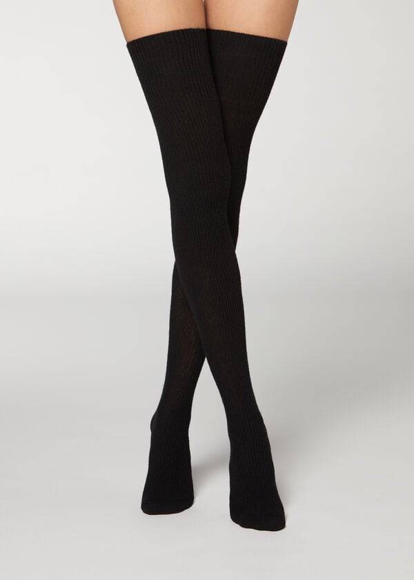 Calzedonia Thigh High Socks with Open Knit Lana Vergine Donna Calze Autoreggenti Nere | IT1270NB